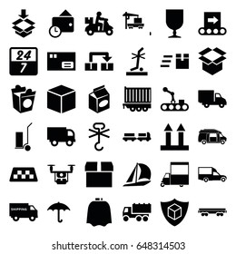Delivery icons set. set of 36 delivery filled icons such as taxi, truck with luggage, hairdresser peignoir, truck, cart cargo, van, take away food, cargo arrow up, box