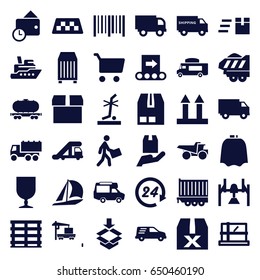 Delivery icons set. set of 36 delivery filled icons such as taxi, truck crane, parcel, hairdresser peignoir, truck, van, cargo box, cargo arrow up, no standing nearby