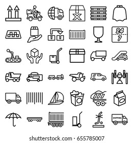Delivery icons set. set of 36 delivery outline icons such as taxi, truck with luggage, truck crane, hairdresser peignoir, cart cargo, van, take away food, cargo box