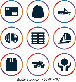 delivery icons set. Set of 9 delivery filled icons such as hairdresser peignoir, truck, van, cargo box, handle with care, cargo container, sailboat, international delivery