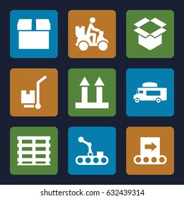 Delivery icons set. set of 9 delivery filled icons such as van, cargo box, cargo arrow up, box, cargo on cart, courier on motorcycle, conveyor