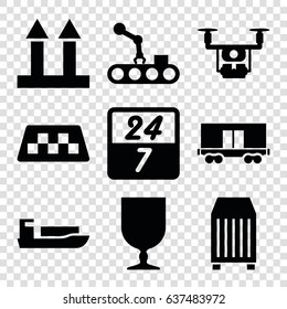 Delivery icons set. set of 9 delivery filled icons such as taxi, cargo arrow up, fragile cargo, conveyor and robot arm, 24 7 hour, medical drone