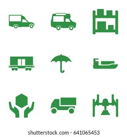 Delivery icons set. set of 9 delivery filled icons such as truck, van, keep dry cargo, handle with care, cargo wagon, storage, box