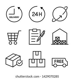 Delivery icons set. Set of 9 delivery line icons, services 24 hours, around the world, shopping, list, warehouse, free , delivery, packaging, storage and shipping. Isolate on white background.