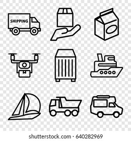 Delivery icons set. set of 9 delivery outline icons such as truck, van, take away food, cargo container, cargo protection, medical drone, ship, sailboat