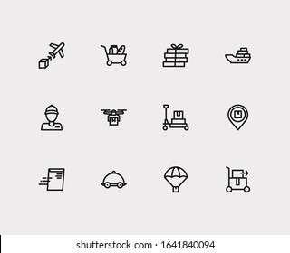 Delivery icons set. Airplane delivery and icons with parachute delivery, export and pizza delivery. Set of storage for web app logo UI design.