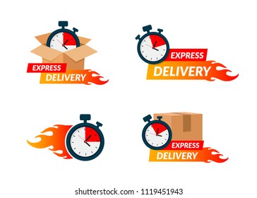 Delivery icons set for apps and website. Express delivery concept. Stopwatch in cardboard box. Vector illustration isolated on white background. Flat design. Eps10.