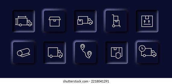 Delivery icons set. Car, movement, delivery, washing, repair, box, packaging, way, map, protection, security. Delivery concept. Neomorphism style. Vector line icon for business.