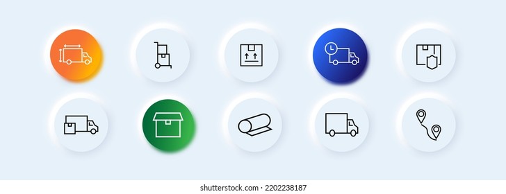 Delivery icons set. Car, time, map, trolley, box, packaging, protection, speed, safety. Delivery concept. Neomorphism style. Vector line icon for business