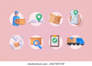 Conjunto de iconos de entrega. Colección de iconos web lineales 3D como envío por aire, fecha de entrega, mensajería, almacén, paquete de búsqueda de devolución, envío rápido. Ilustración vectorial web 3D.