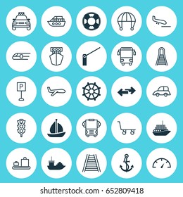 Delivery Icons Set. Collection Of Boat Helm, Cruise, College Transport And Other Elements. Also Includes Symbols Such As Baggage, Landing, Barrier.