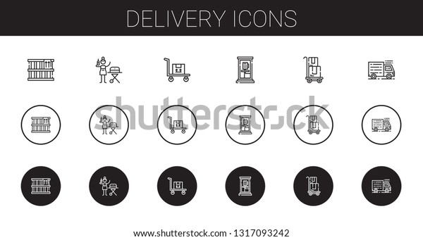 delivery icons set. Collection of delivery with\
box, portable, transportation, phone box, truck. Editable and\
scalable delivery\
icons.