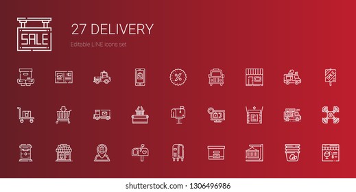 delivery icons set. Collection of delivery with container, box, letterbox, mailbox, shop, clothing shop, unboxing, sale, supermarket, mail truck. Editable and scalable delivery icons.