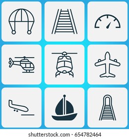 Delivery Icons Set. Collection Of Flight Vehicle, Sailboat, Chopper And Other Elements. Also Includes Symbols Such As Railway, Train, Extreme.