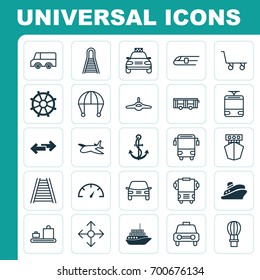 Delivery Icons Set. Collection Of Flight Basket, Navigation Arrows, Ship And Other Elements. Also Includes Symbols Such As Car, Bus, Truck.