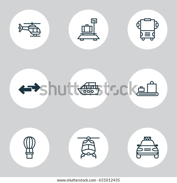 Delivery Icons Set. Collection Of Flight
Vehicle, Boat, Baggage Carousel And Other Elements. Also Includes
Symbols Such As Aircraft, Arrow,
Baggage.