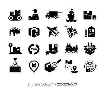 Juego de iconos de entrega. Colección de elementos gráficos para el sitio web. Comercio internacional, transporte y logística. Compras en línea. Ilustraciones de caricaturas de vectores planos aisladas en fondo blanco