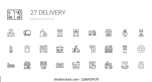delivery icons set. Collection of delivery with ice cream car, online shop, sale, cargo, container, shop, ship, cash register, shopping list. Editable and scalable delivery icons.