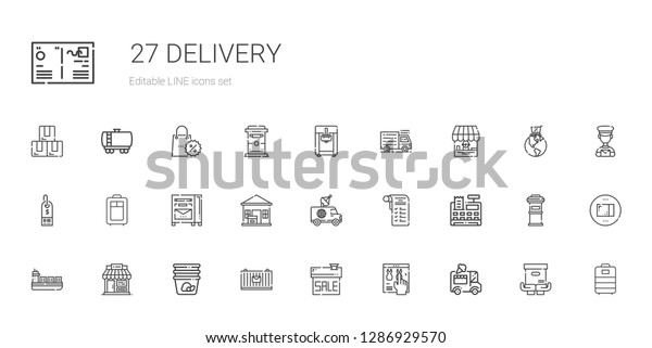 delivery icons set.\
Collection of delivery with ice cream car, online shop, sale,\
cargo, container, shop, ship, cash register, shopping list.\
Editable and scalable delivery\
icons.