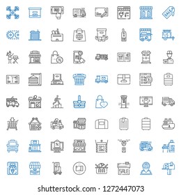 delivery icons set. Collection of delivery with mailbox, shop, sale, online shopping, package, ice cream machine, conveyor, food truck, drone. Editable and scalable delivery icons.