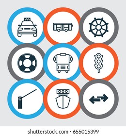 Delivery Icons Set. Collection Of Navigation Arrows, Stoplight, Car Vehicle And Other Elements. Also Includes Symbols Such As Barrier, Ship, Car.