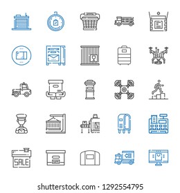 delivery icons set. Collection of delivery with online shop, delivery truck, hangar, box, sale, cash register, letterbox, conveyor, container. Editable and scalable icons.