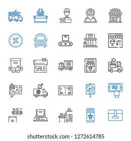 delivery icons set. Collection of delivery with package, online shopping, conveyor, box, mobile shopping, sale, postcard, van, wrapping. Editable and scalable delivery icons.
