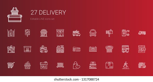 delivery icons set. Collection of delivery with package, post office, supermarkets, stock, sale, shop, trolley, basket, cargo, plane ticket. Editable and scalable delivery icons.