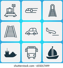Delivery Icons Set. Collection Of Plane Arrival, College Transport, Auto Car And Other Elements. Also Includes Symbols Such As Railway, Weight, Sail.