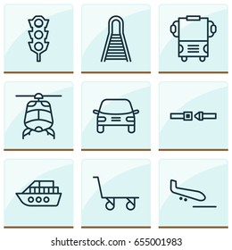 Delivery Icons Set. Collection Of Railway, Stoplight, Plane Arrival And Other Elements. Also Includes Symbols Such As Road, Protection, Landing.
