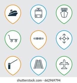 Delivery Icons Set. Collection Of Road Pointer, Safety Belt, Railroad And Other Elements. Also Includes Symbols Such As Roadblock, Barricade, Trolley.