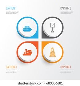 Delivery Icons Set. Collection Of Roadsign, Railway, Travel Boat And Other Elements. Also Includes Symbols Such As Car, Railroad, Train.