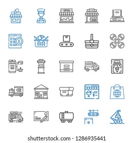 delivery icons set. Collection of delivery with ship, conveyor, fuel truck, postcard, food truck, shopping, online shop, box, package delivered. Editable and scalable delivery icons.