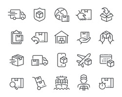 Delivery Icons Set. Collection Of Simple Linear Web Icons Such As Shipping By Sea Air, Delivery Date, Courier, Warehouse, Return Search Parcel, Fast Shipping And Others Editable Vector Stroke.