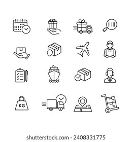 Delivery icons set. Collection of simple linear web icons such as Shipping By Sea Air, Delivery Date, Courier, Return Search Parcel, Fast Shipping and others Editable vector stroke.