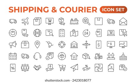 Delivery icons set. Collection of simple linear web such as Shipping By Sea Air,Date, Courier,  Return Search,Parcel, Fast Shipping. service icon Contains order tracking, courier, and cargo icons.