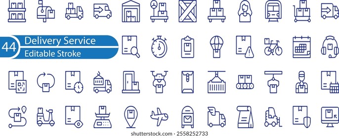 Delivery icons set. Collection of simple linear web icons such as Shipping By Sea Air, Delivery Date, Courier, Warehouse, Return Search Parcel, Fast Shipping and others