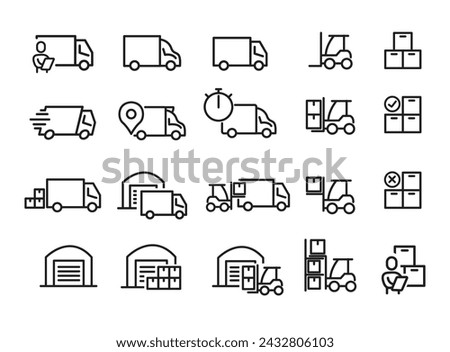 Delivery icons set. Collection of simple linear web icons such as Shipping By Sea Air, Delivery Date, Courier, Warehouse, Return Search Parcel, Fast Shipping and others Editable vector stroke.