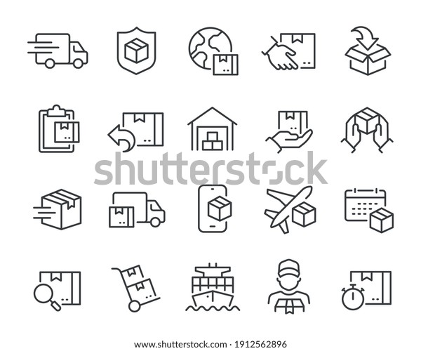 Delivery icons set. Collection of simple linear\
web icons such as Shipping By Sea Air, Delivery Date, Courier,\
Warehouse, Return Search Parcel, Fast Shipping and others Editable\
vector stroke.