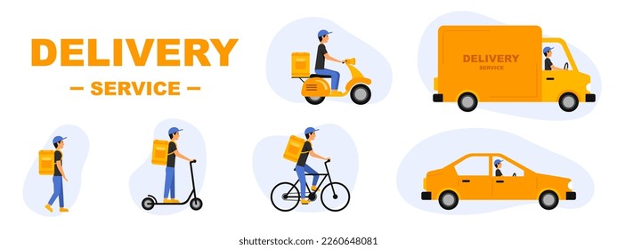 Delivery icons set. Couriers on different transport. Vector