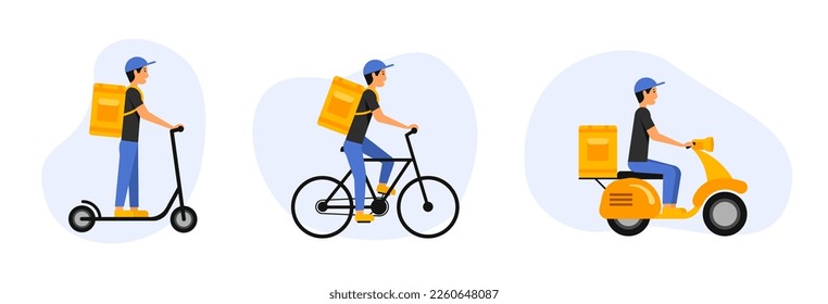 Set für Liefersymbole. Kuriere mit verschiedenen Transportmitteln. Vektorgrafik