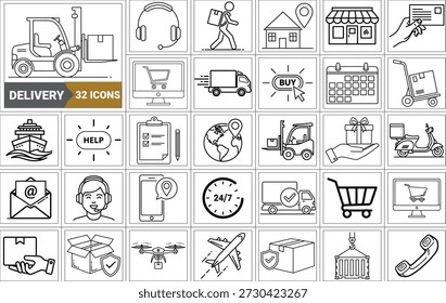 Conjunto de iconos de entrega para comercio electrónico y logística. Contiene el seguimiento de la orden, entrega a casa, almacén, camión, scooter, mensajero e iconos de carga. Símbolo de envío.