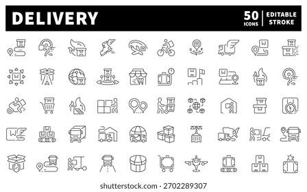 Delivery icons set. editable line icons. outline, shipping, logistics symbols