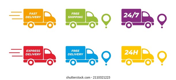 Delivery icons set. Fast delivery, free delivery, 24 hours, truck. Vector illustration