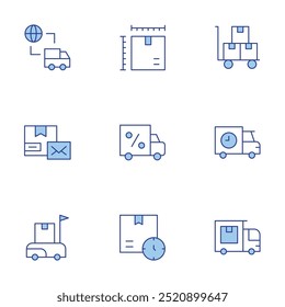 Delivery icons set. Line Duotone style, editable stroke. delivery truck, delivery box, delivery time.