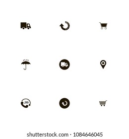 Delivery icons set. loading, umbrella, cart and protection