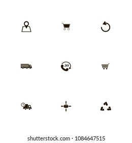 Delivery icons set. location, back, place and truck