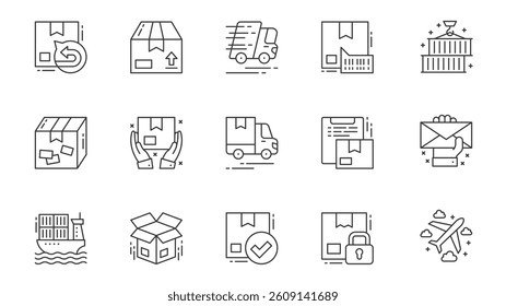 Delivery icons set in outline stroke design for web. Pack line pictograms with parcel return, package, fast shipping, barcode, warehouse loading, sending, post letter, box, other. Vector illustration.
