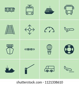 Delivery icons set with railway, tram, air balloon and other speed checker elements. Isolated vector illustration delivery icons.