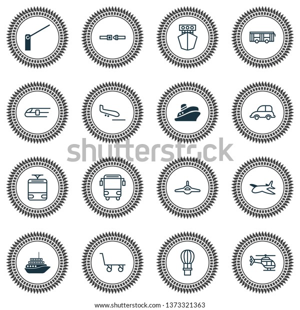 Delivery icons set with school bus, yacht, barrier\
and other travel boat elements. Isolated vector illustration\
delivery icons.